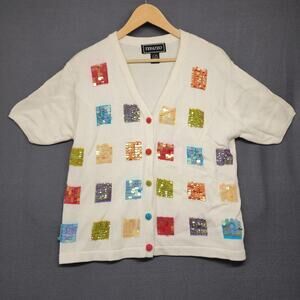 Terazzo Cardigan Sweater Womens Large White Short Sleeve V Neck Sequin Patchwork